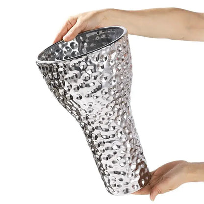 Silver hammered ceramic vase with textured bubbly surface and flared rim for decorbites golden ceramic geometric honeycomb decor