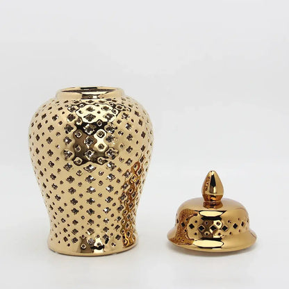 Golden ceramic ginger jar with intricate geometric cutouts and matching lid for home decor by decorbites golden ceramic