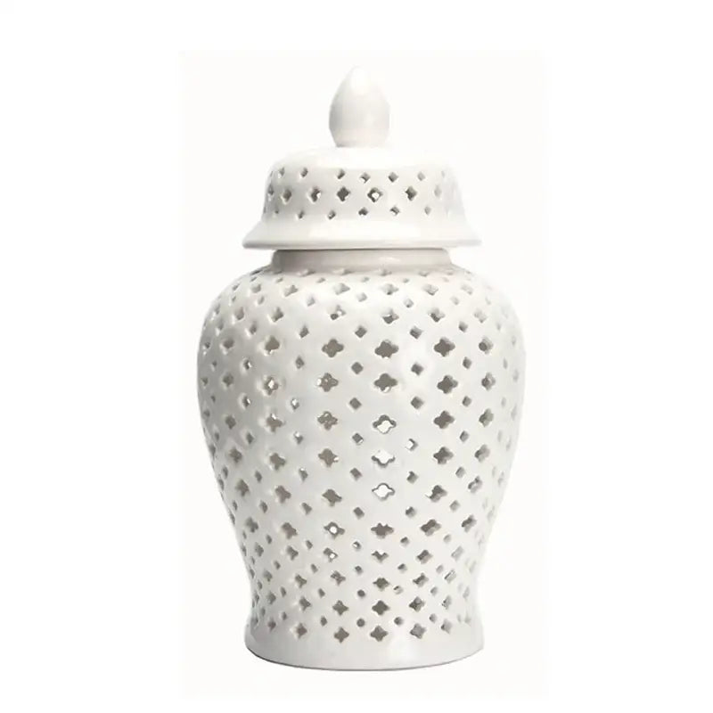 White ceramic ginger jar with matching lid and intricate diamond cutouts by decorbites golden ceramic for home decor