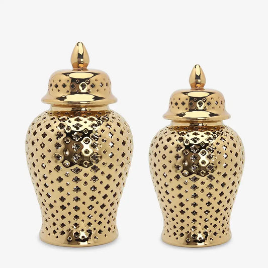 Golden ceramic ginger jars with intricate diamond cutouts and matching lids for home decor by decorbites golden ceramic