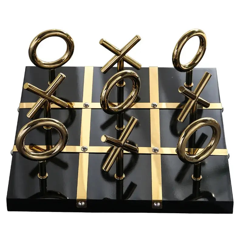 Decorbites golden chessboard metal handicraft tic-tac-toe set with gold finish and black base for living room decor
