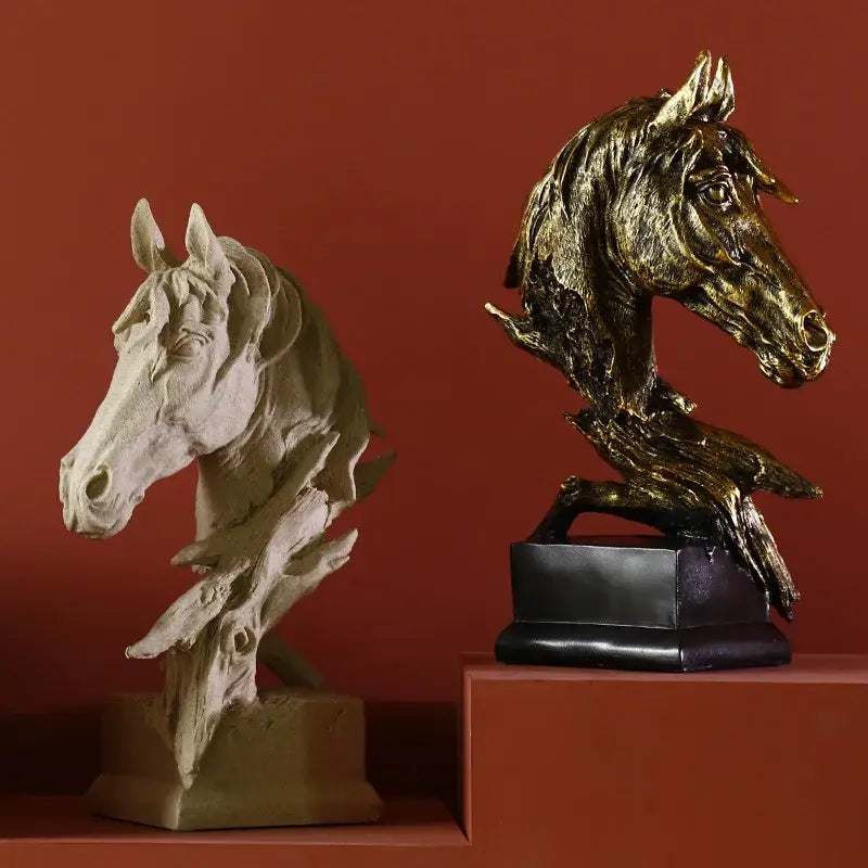 Golden country resin horsehead figurine with textured metallic finish and rustic wooden base for office decorbites decor