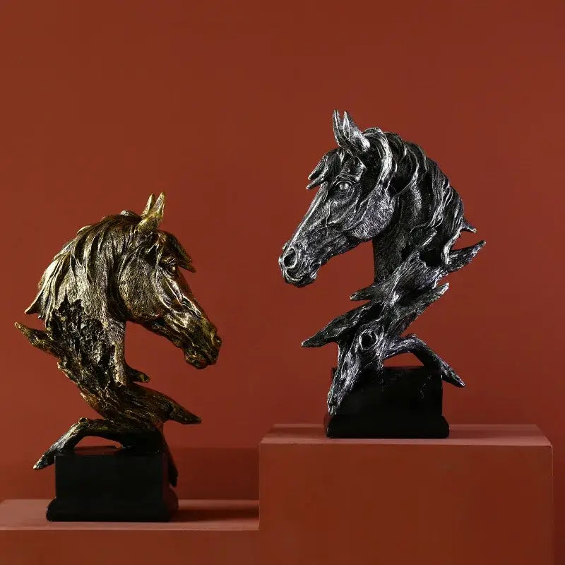 Two ornate country resin horsehead figurines in gold and dark silver on black bases for office decorbites decor