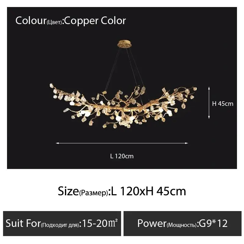 Copper-colored golden crystal branch ceiling chandelier with intricate design and dangling crystal accents for dining rooms