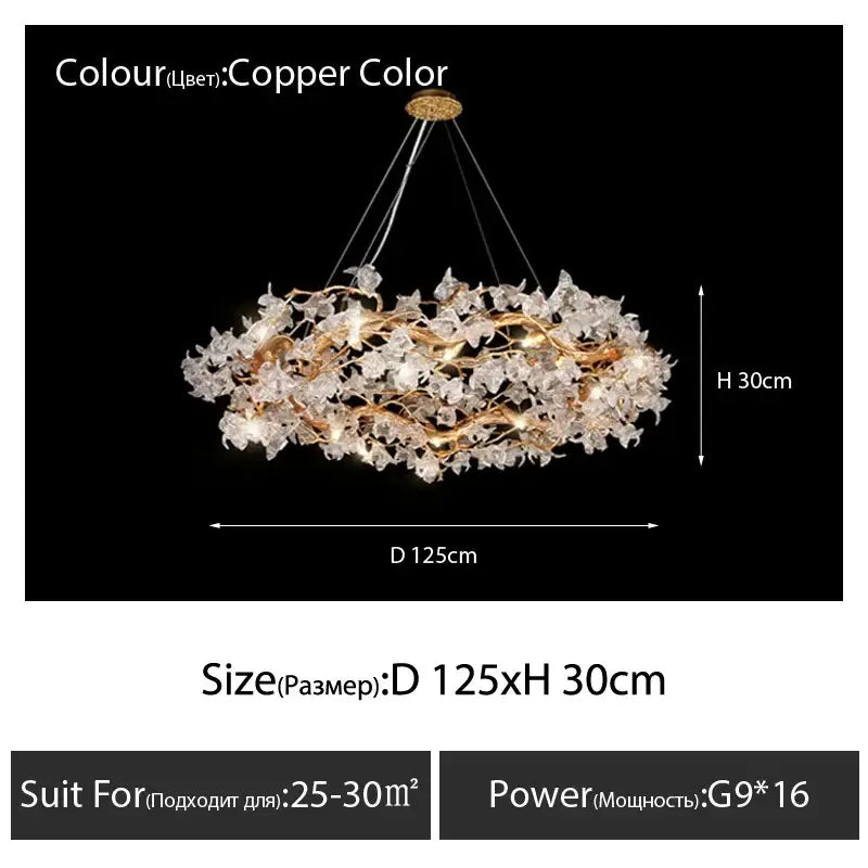 Copper-colored decorbites crystal branch ceiling chandelier with intricate crystal flower designs for dining room decor
