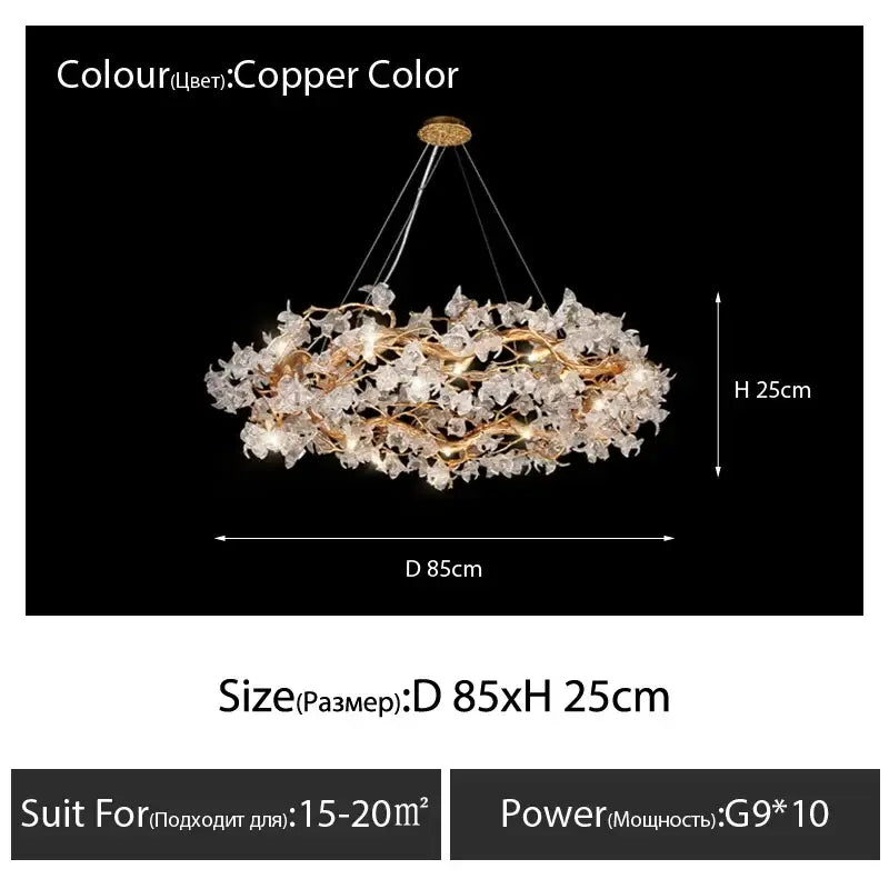 Copper-colored golden crystal branch ceiling chandelier with intricate crystal flower vine design for dining room decorbites crystal branch