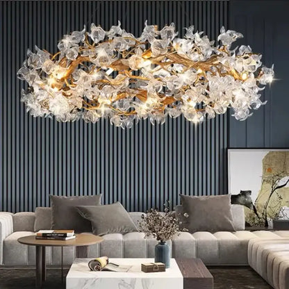 Luxurious golden crystal branch ceiling chandelier with translucent flower-like glass elements for dining room decorbites crystal branch