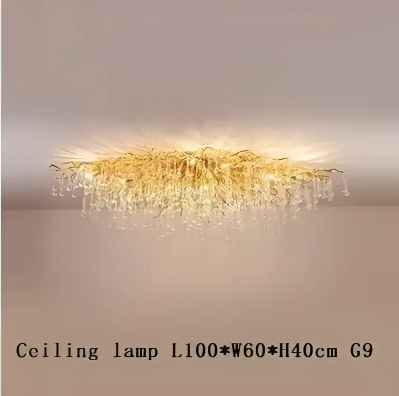 Golden crystal branch chandelier led living room ceiling light with cascading glass droplets and radiant sunburst design