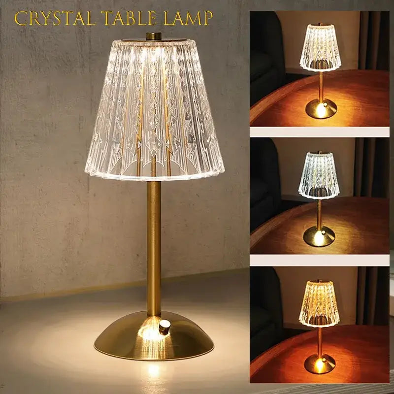 Elegant golden crystal diamond touch sensor table lamp with faceted glass shade and polished brass base for bedroom use