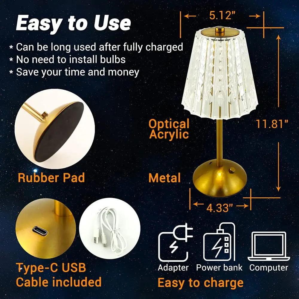 Gold-finished metal table lamp with a translucent faceted optical acrylic shade and crystal diamond touch sensor for bedroom