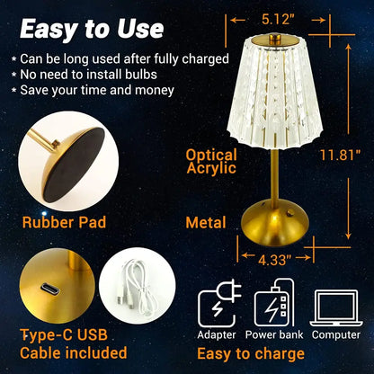 Gold-finished metal table lamp with a translucent faceted optical acrylic shade and crystal diamond touch sensor for bedroom