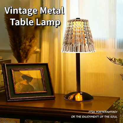 Vintage metal table lamp with dark bronze base and faceted crystal diamond touch sensor shade for bedroom use