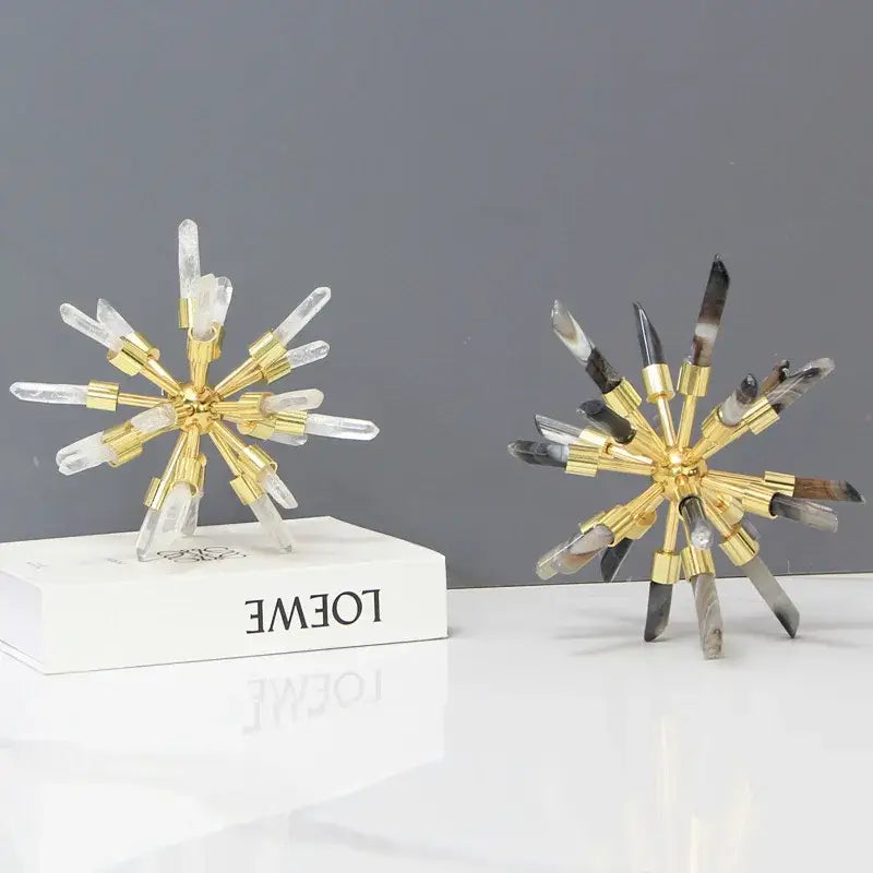 Golden crystal metal sea urchin figurine with starburst clear quartz and dark agate spikes for living room decorbites decor