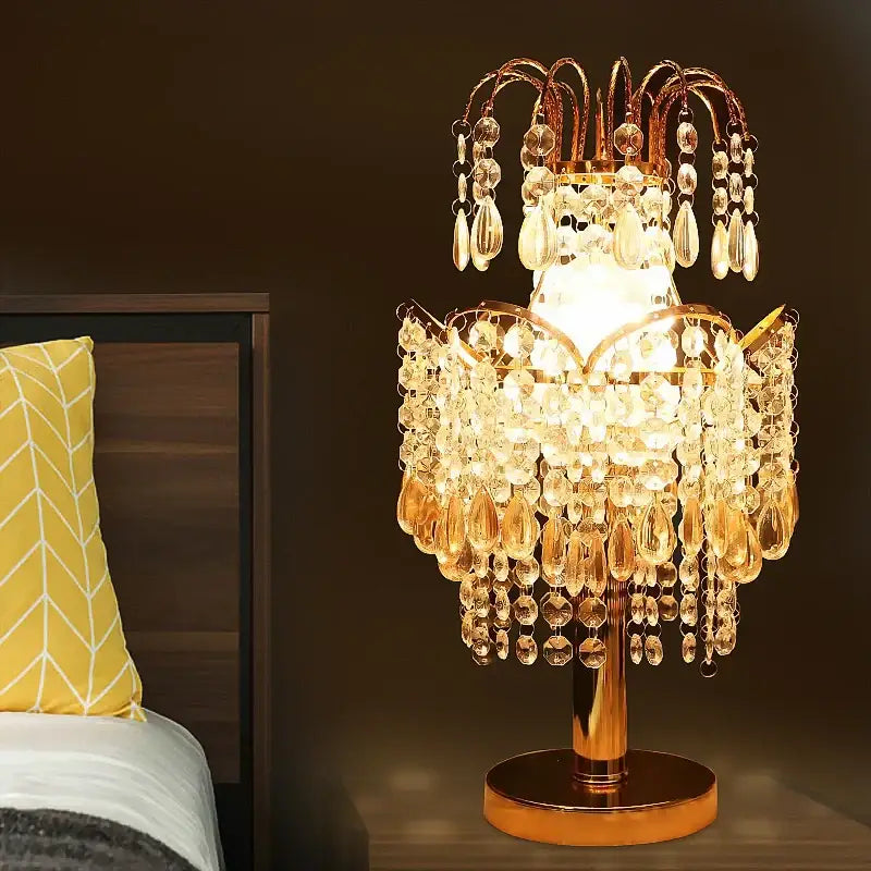 Golden crystal table lamp with teardrop and faceted glass beads for bedroom decor by decorbites crystal table