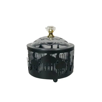 Black metal eid mubarak metal snack tray with ornate mosque cut-outs and clear crystal knob lid for dining room use