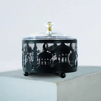 Black metal eid mubarak metal snack tray with mosque silhouette cutouts and crystal knob clear glass lid