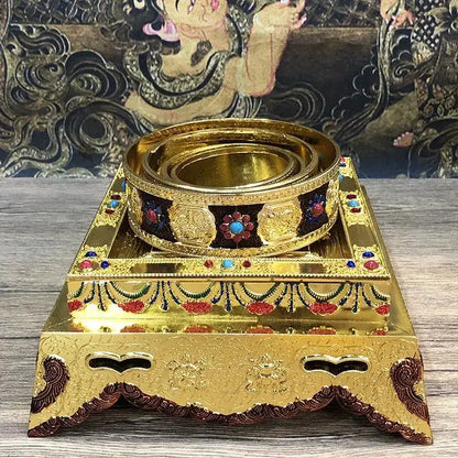 Golden eight auspicious buddha alloy plates with embossed patterns and gemstone inlays for temple meditation