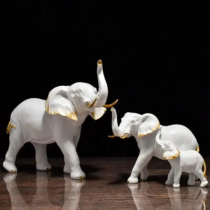 White ceramic elephant resin figurine set with gold accents ears trunks and feet decorbites elephant resin lucky decor