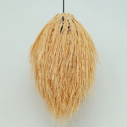 Golden feathery bamboo weave pendant lamp featuring natural light-brown woven straw strands for bedroom lighting