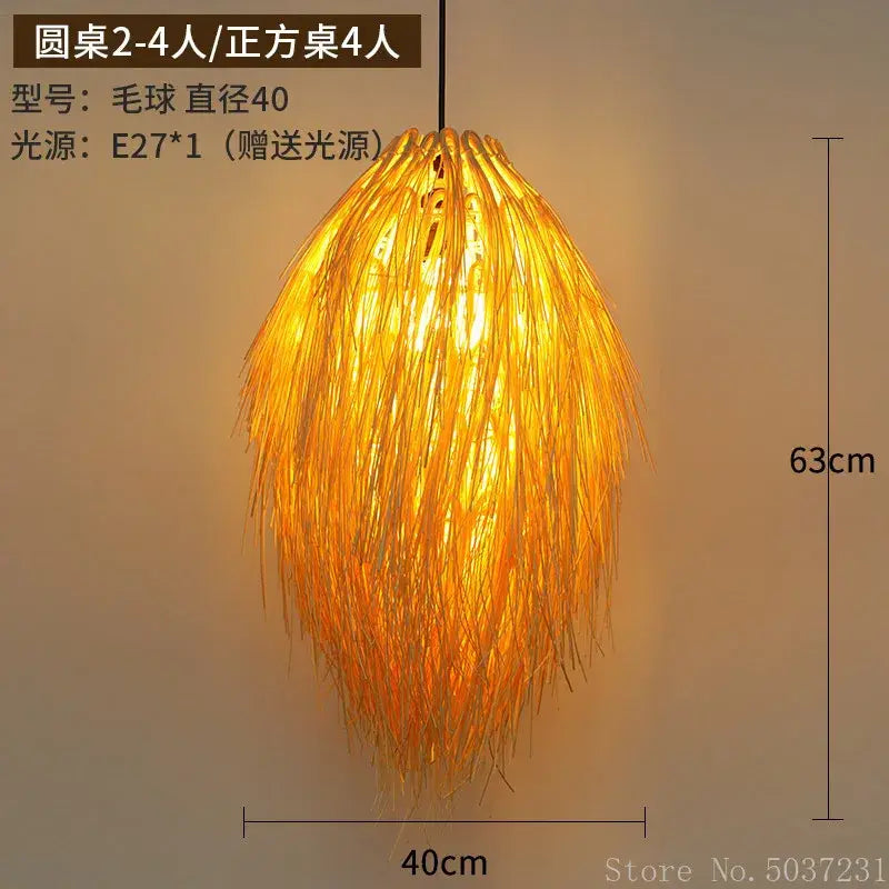 Golden feathery bamboo weave pendant lamp with warm golden hue made from natural woven straw for bedroom lighting