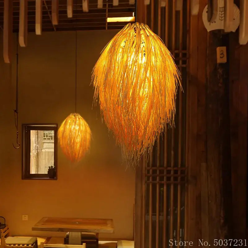 Warm golden hued bamboo weave pendant lamp made of natural woven reeds for bedroom lighting decor