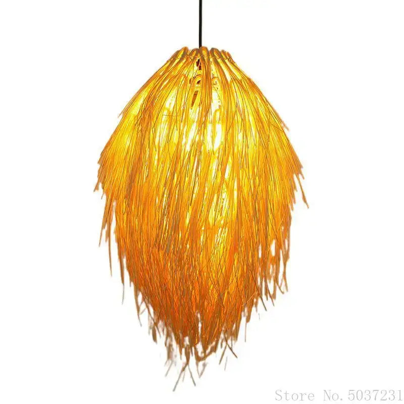 Golden feathery bamboo weave pendant lamp with woven natural fibers designed as a bamboo weave pendant for bedroom