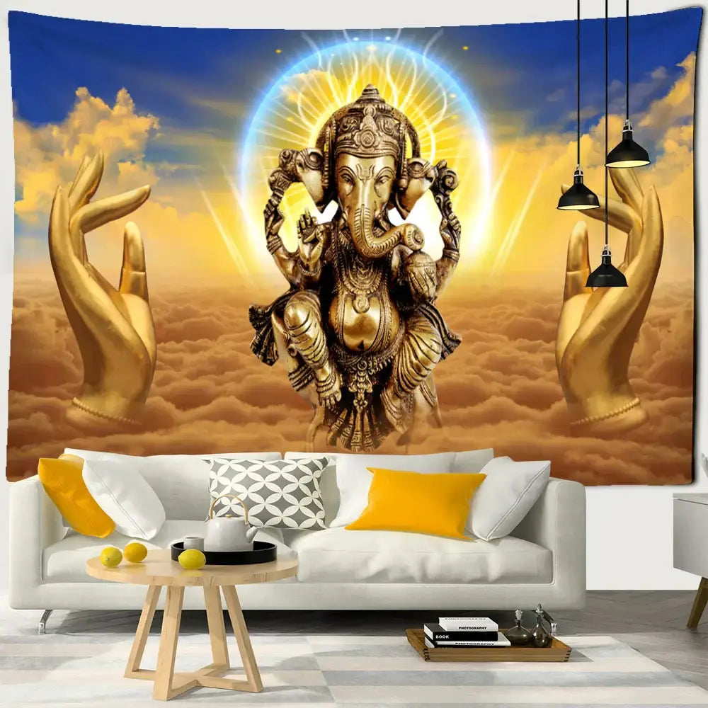 Golden ganesha elephant bergamot tapestry with intricate detailing and radiant halo for bedroom celestial decor