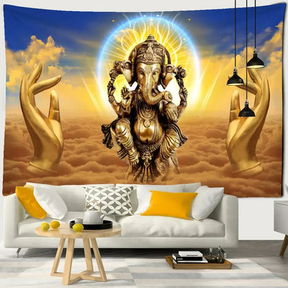 Golden ganesha elephant bergamot tapestry with intricate detailing and radiant halo for bedroom celestial decorbites decor