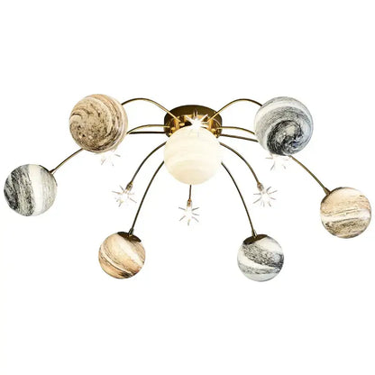Golden glass ball planet chandelier with six brass-finished glass ball shades featuring realistic swirling patterns for kids room and living room decor