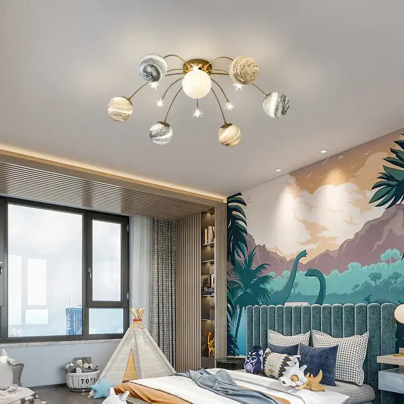 Golden glass ball planet chandelier with gold hub and multicolor glass ball shades for kids room and living room decorbites glass ball