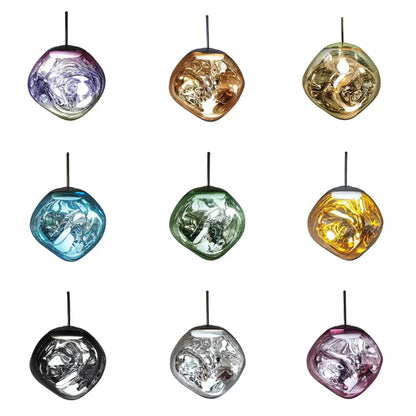 Golden glass lava led pendant light chandelier with vibrant iridescent decorbites glass lava in purple gold blue green silver hues