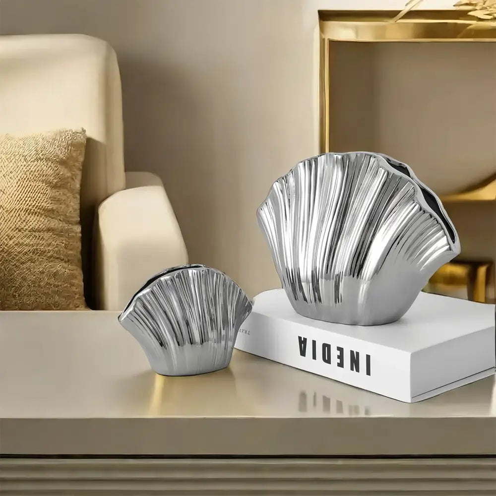 Shiny metallic silver gradient shell ceramic vases with ribbed texture for elegant living room decorbites gradient shell decor