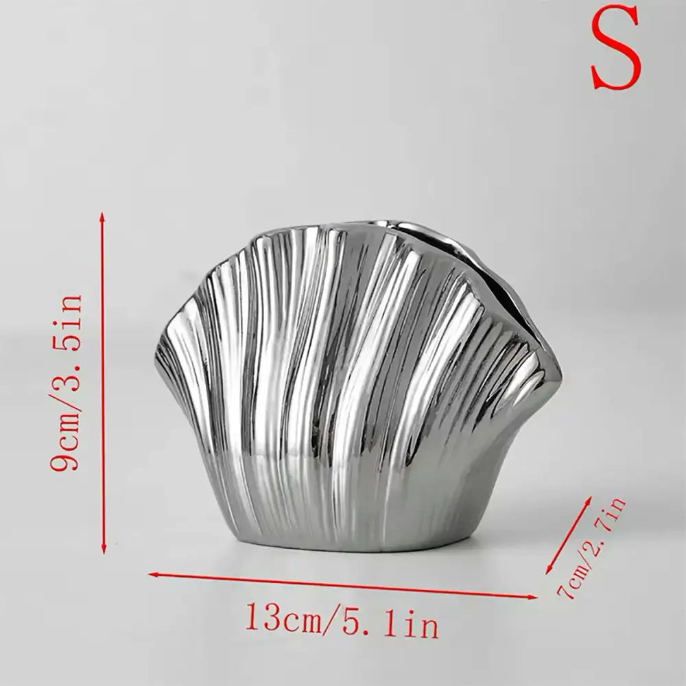 Silver ceramic gradient shell vase with vertical ridges and glossy finish for decorbites gradient shell living room decor