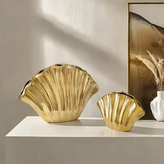 Two golden gradient shell ceramic vases with glossy finish and ridged texture for living room decorbites gradient shell decor