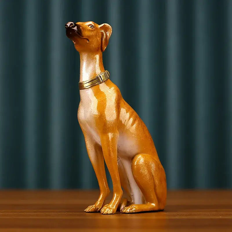 Golden greyhound metal sculpture handcrafted figurine with white paint and metallic collar for living room decor
