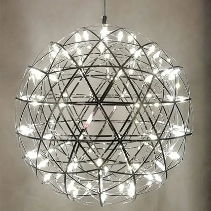 Shiny chrome spherical gypsophila sparkball pendant light with geometric wireframe and bright led lights for living room