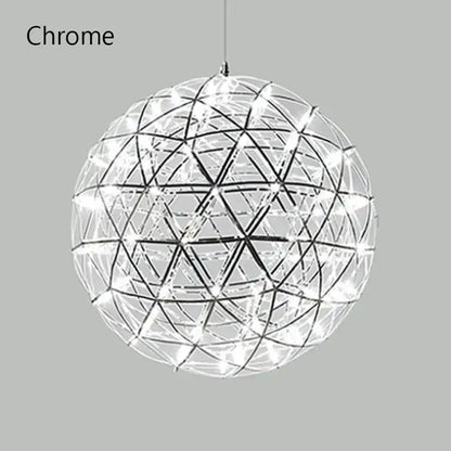 Chrome spherical gypsophila sparkball pendant light with geometric wireframe and embedded led sparkball pendant lights