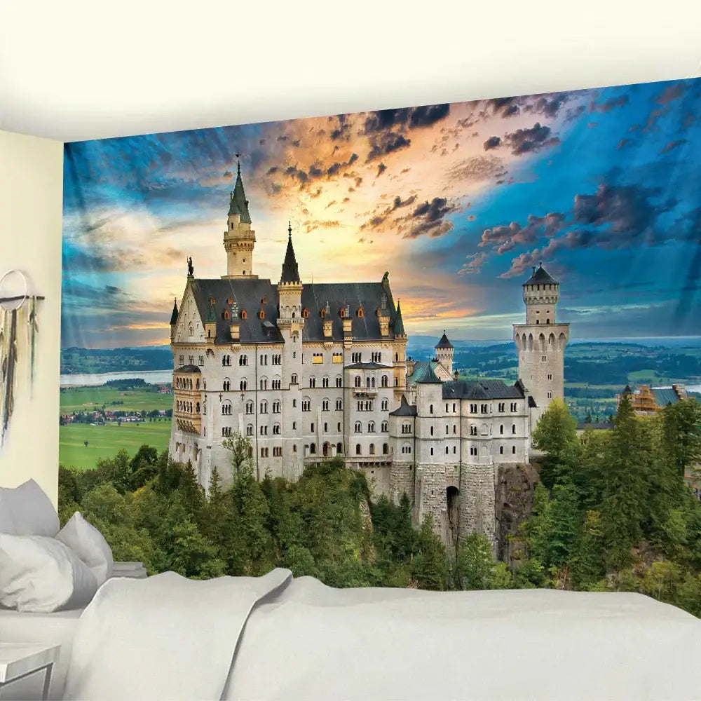 A vibrant yellow and red decorbites golden hall psychedelic tapestry depicting neuschwanstein castle at sunset for living room wall art