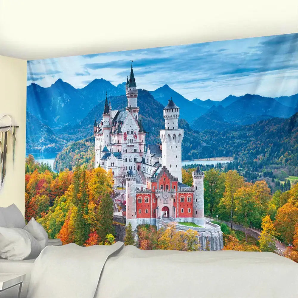Vibrant decorbites golden hall psychedelic tapestry featuring neuschwanstein castle with autumnal forest in yellow and red