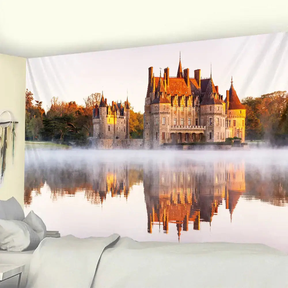Beige castle tapestry with multi-turreted chateau and golden sunset reflected in water decorbites golden hall wall art