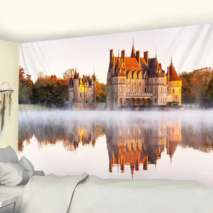 Beige castle tapestry with multi-turreted chateau and golden sunset reflected in water decorbites golden hall wall art