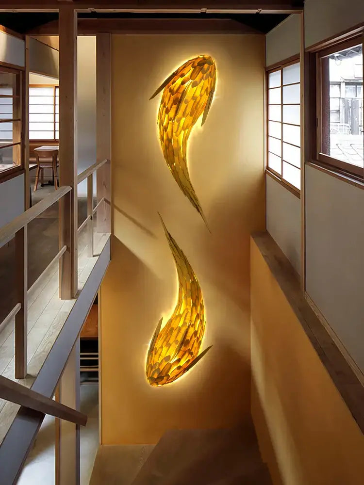 Golden handwoven bamboo led fish wall light with textured layered design for living room decor by decorbites