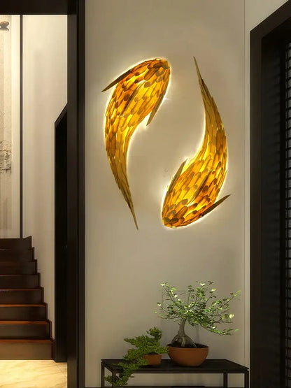 Golden handwoven bamboo led fish wall light with intricately scaled design and embedded lighting for living room decorbites decorbites handwoven bamboo wall light