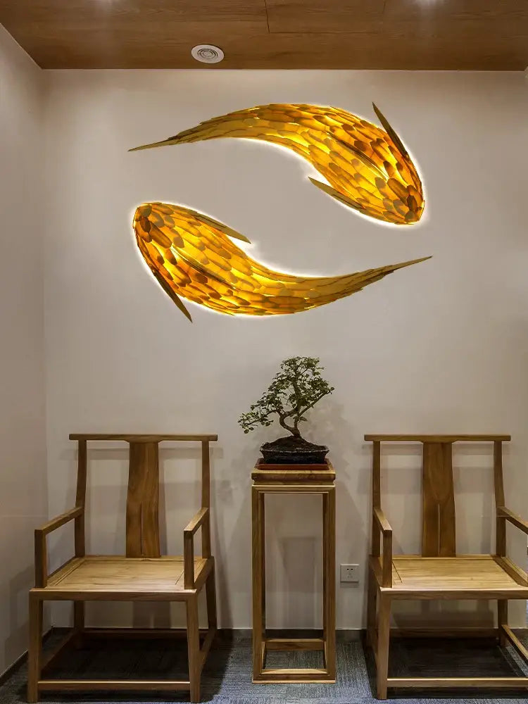 Golden handwoven bamboo led fish wall light with mosaic texture for living room decor by decorbites