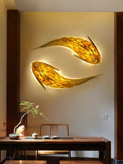Golden handwoven bamboo led fish wall light with illuminated mosaic design for living room decorbites wall light decor