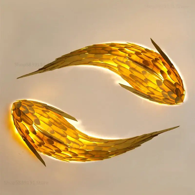Golden handwoven bamboo led fish wall light with scale-patterned design for modern living room decorbites wall light