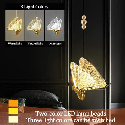 Golden iridescent butterfly pendant light with intricate two-color LED beads emitting warm, natural, or white light decorbites butterfly pendant