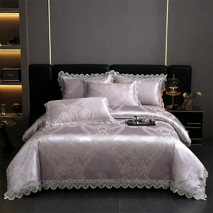 Luxe lavender satin bedding set with intricate white lace trim and floral embroidery in decorbites golden jacquard cotton