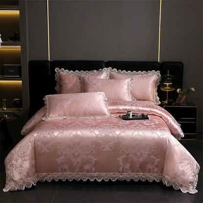 Pink satin bedding set with intricate damask patterns and lace trim from decorbites golden jacquard cotton collection