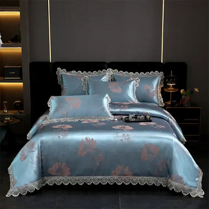 Light blue satin bedding set with pink floral embroidery and lace trim from decorbites golden jacquard cotton collection